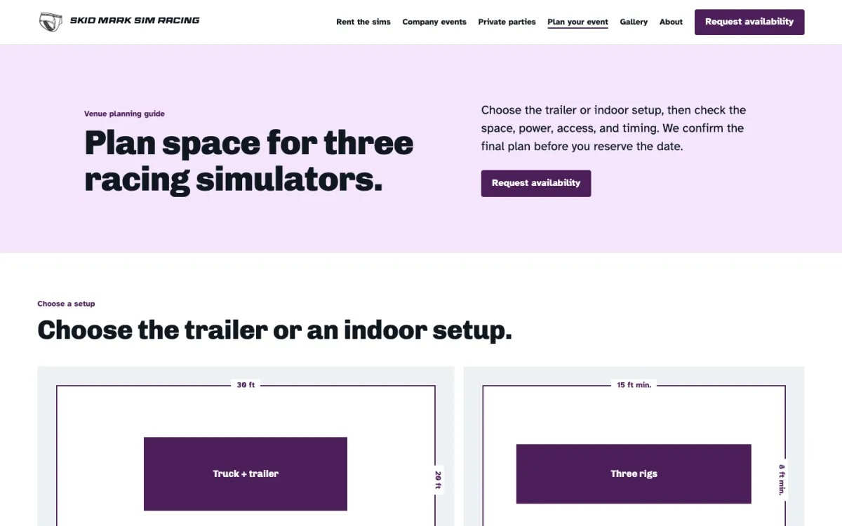 Venue planning page with trailer and indoor setups