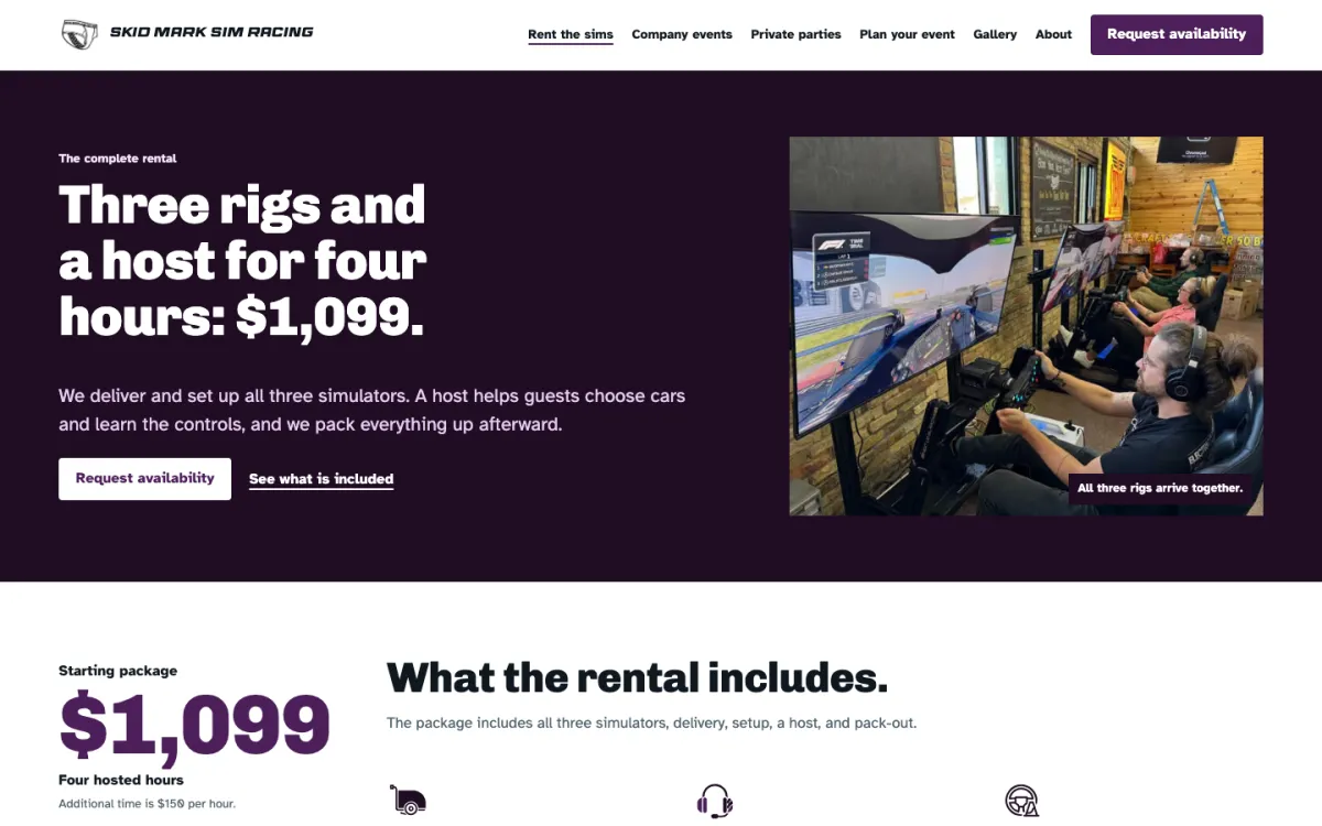 Rental page: three rigs and a host for four hours, with the package price