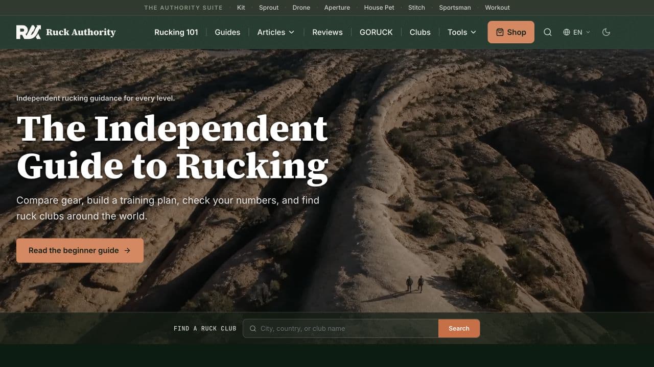 Ruck Authority homepage showing the Independent Guide to Rucking