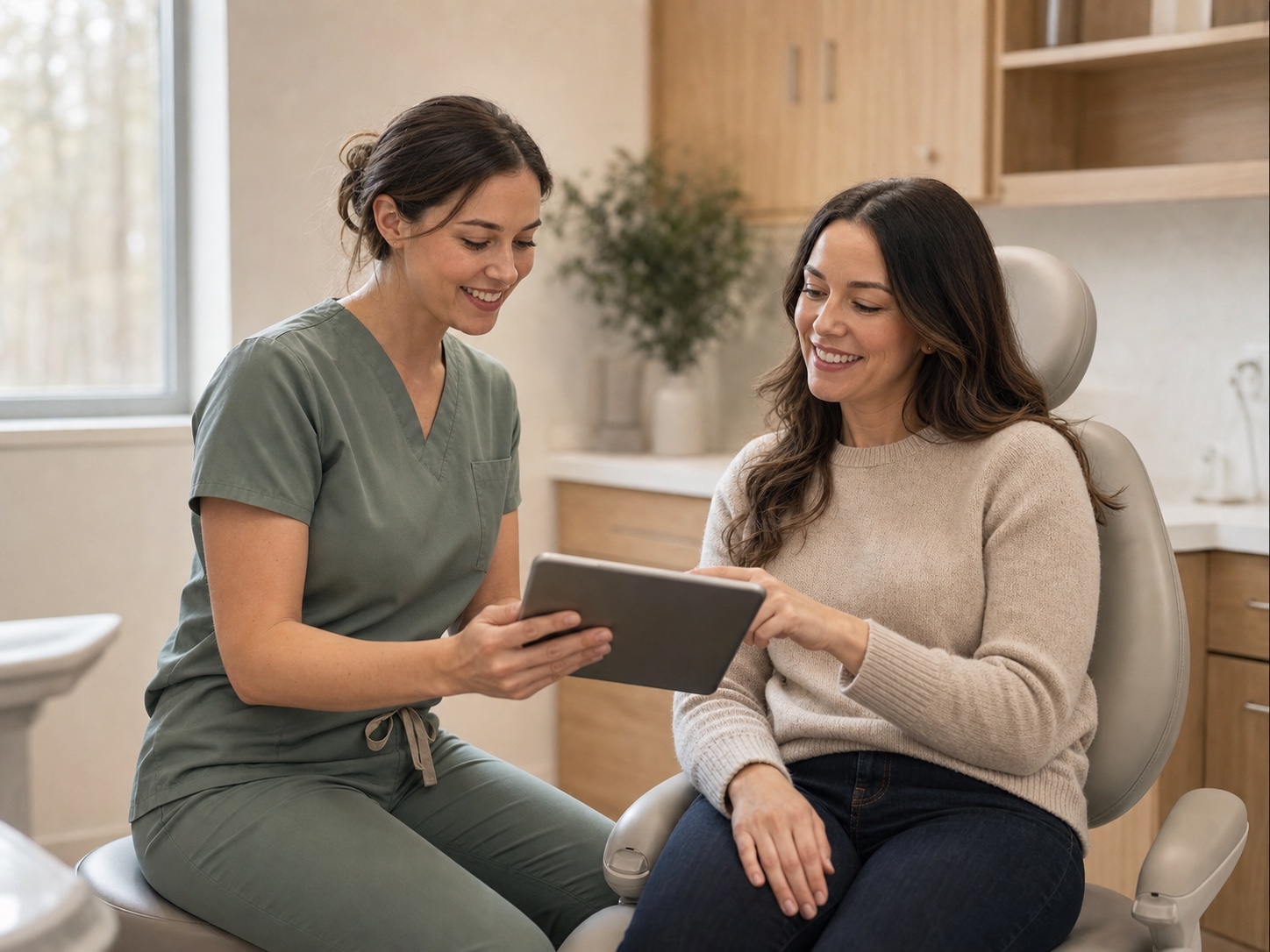 A patient reviewing her care plan with her dentist