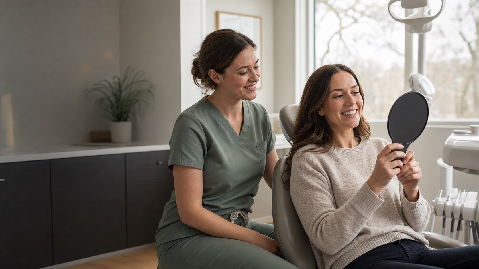 A patient admiring her smile with her dental hygienist after a visit