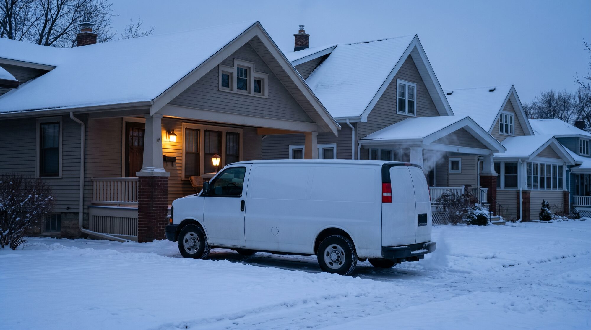 Service van in a snowy Wauwatosa driveway at dawn