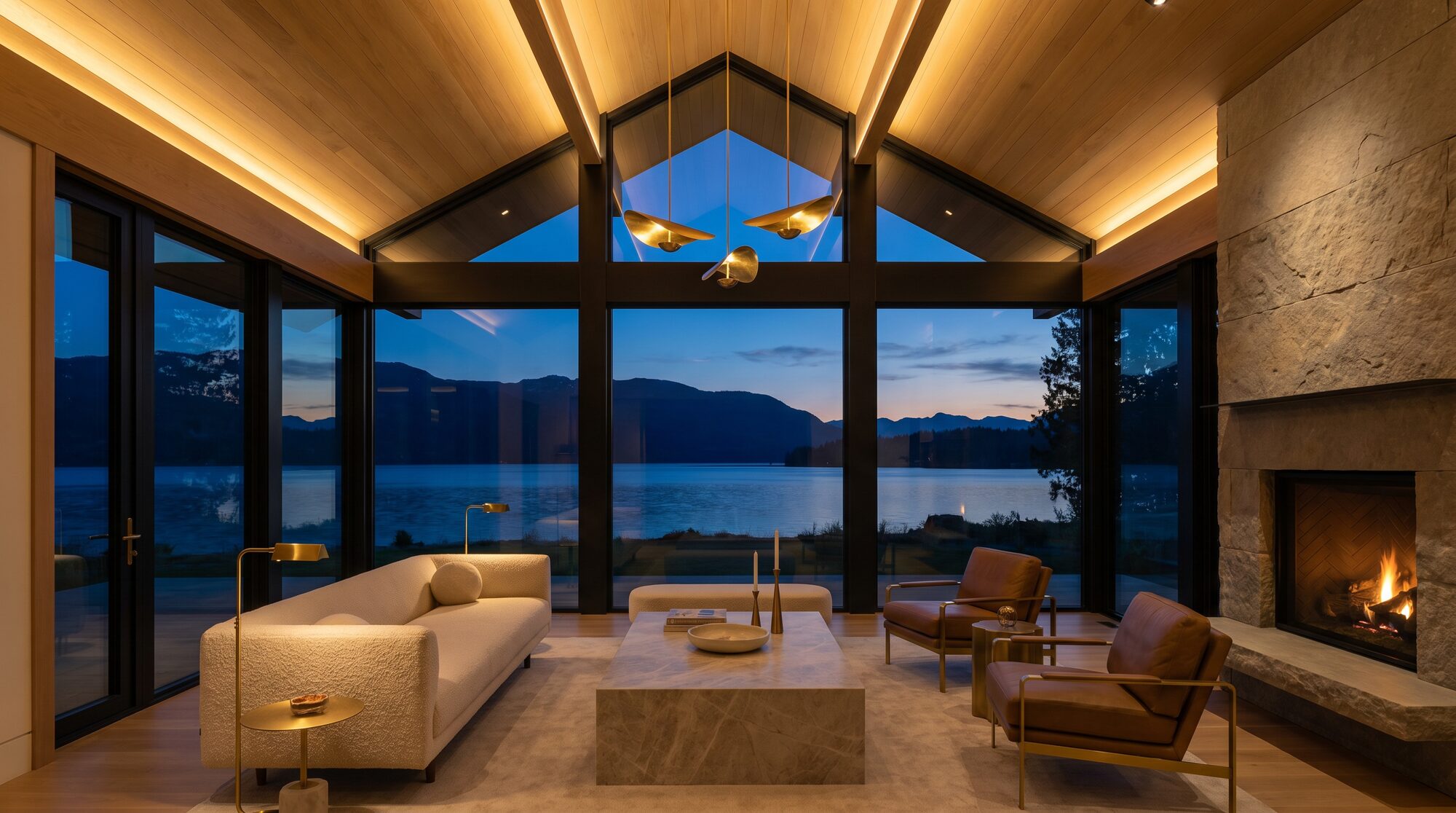 Great room interior at dusk