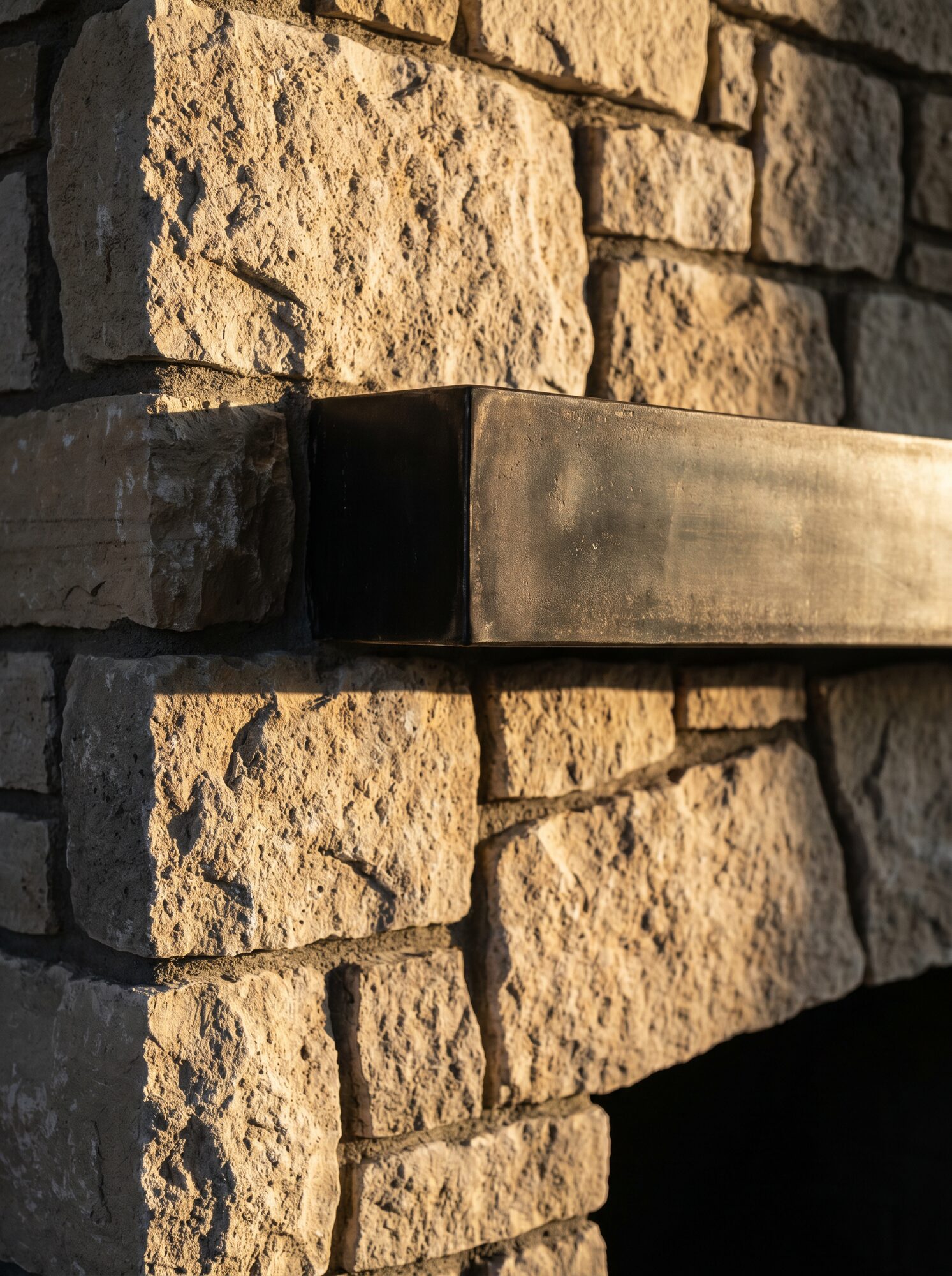 Dry-stacked limestone meeting blackened steel
