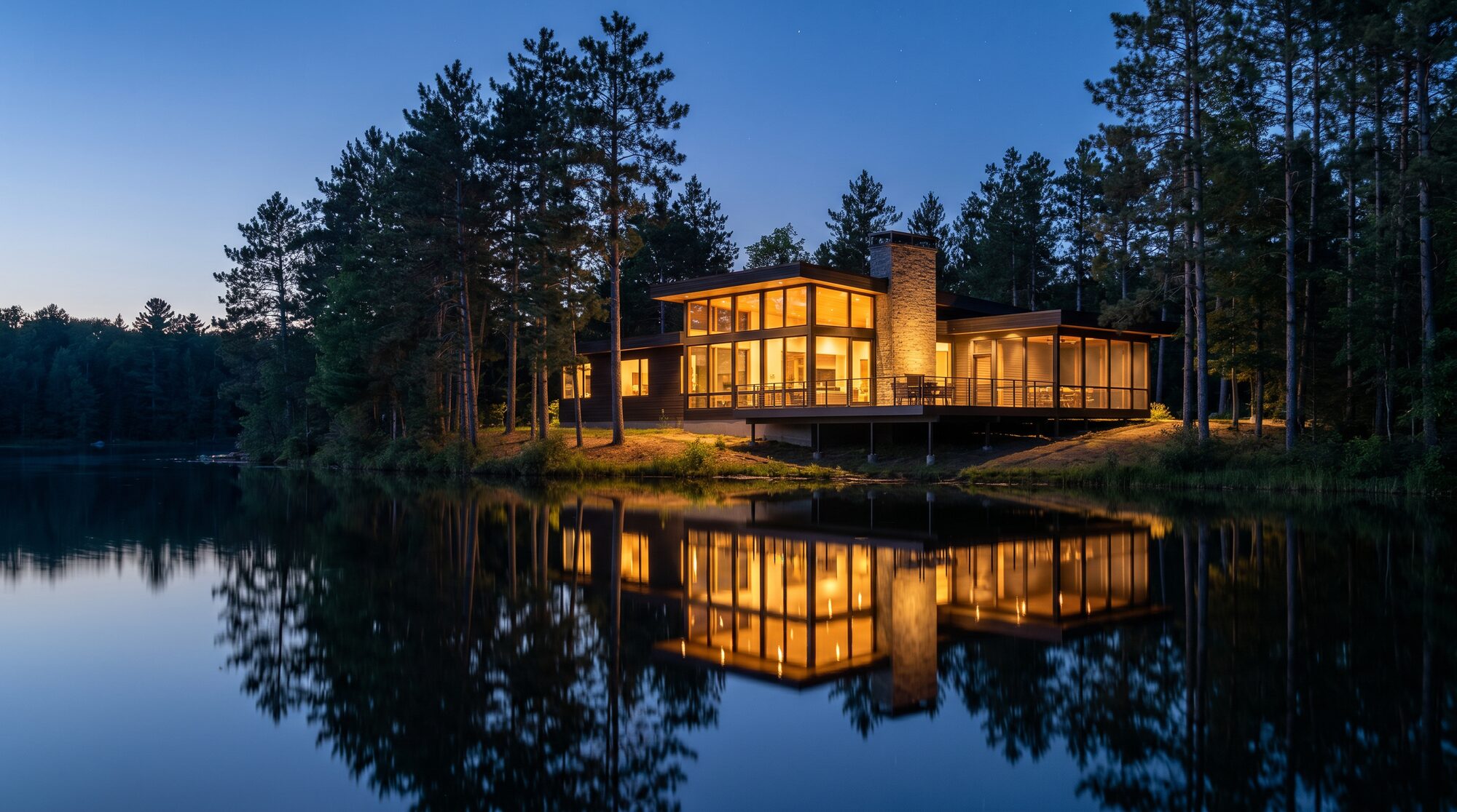 Lakefront custom home glowing at blue hour