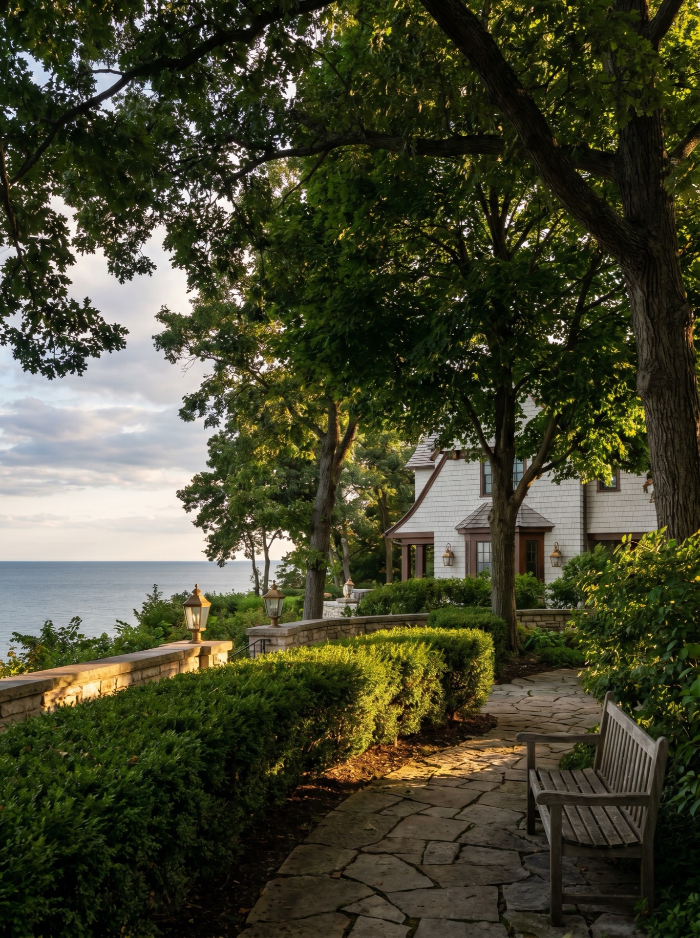 A quiet wooded bluff path arching over mature trees with a glimpse of Lake Michigan below in golden light