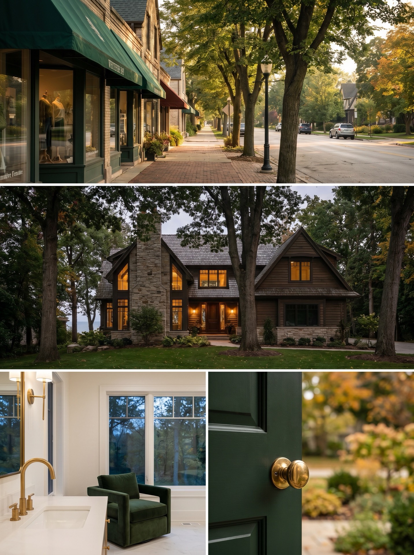 A walkable North Shore village main street with leafy trees and boutique storefront awnings in early autumn