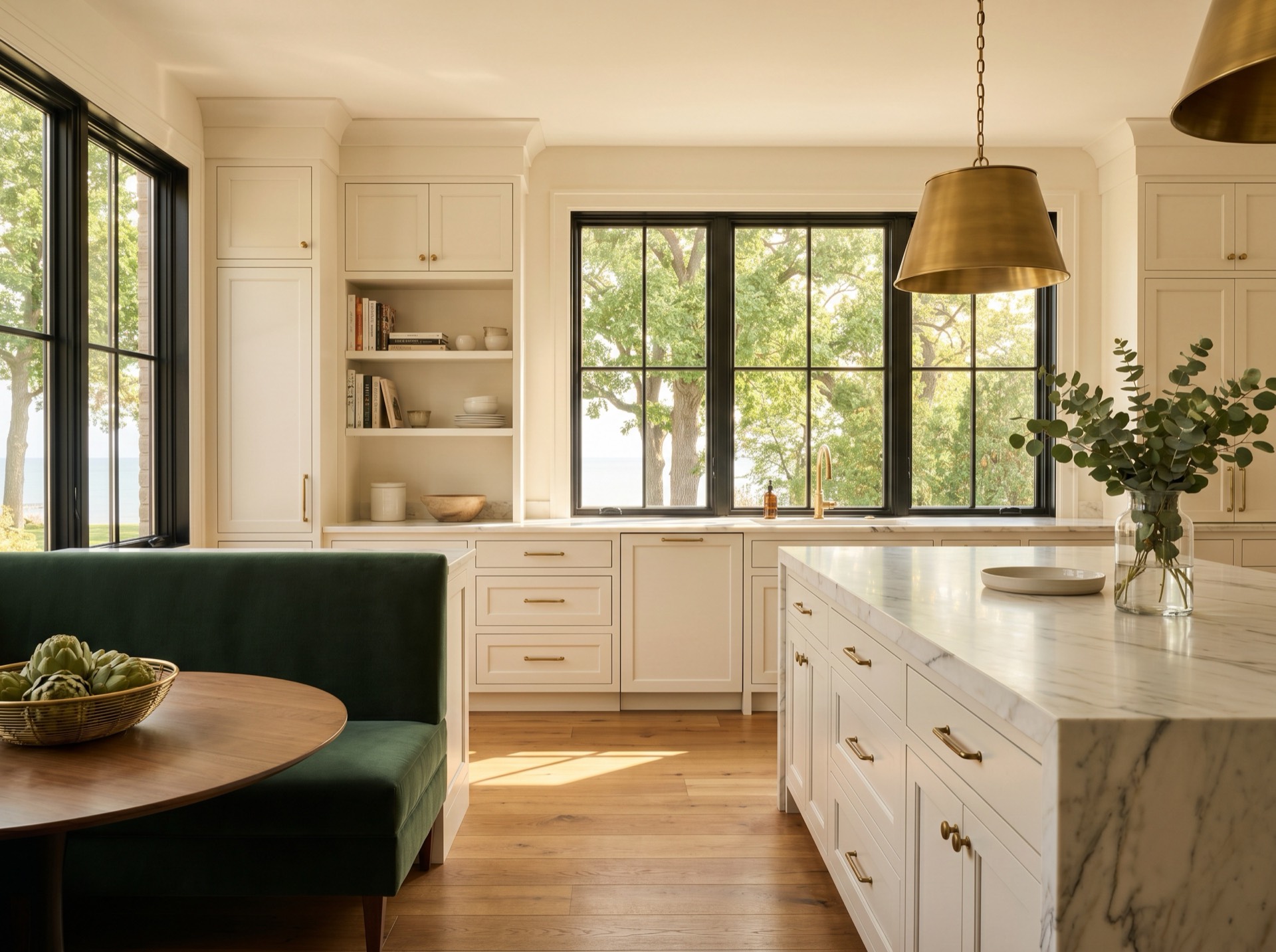 Elegant kitchen with bone cabinetry, brass hardware, and a marble island in warm daylight