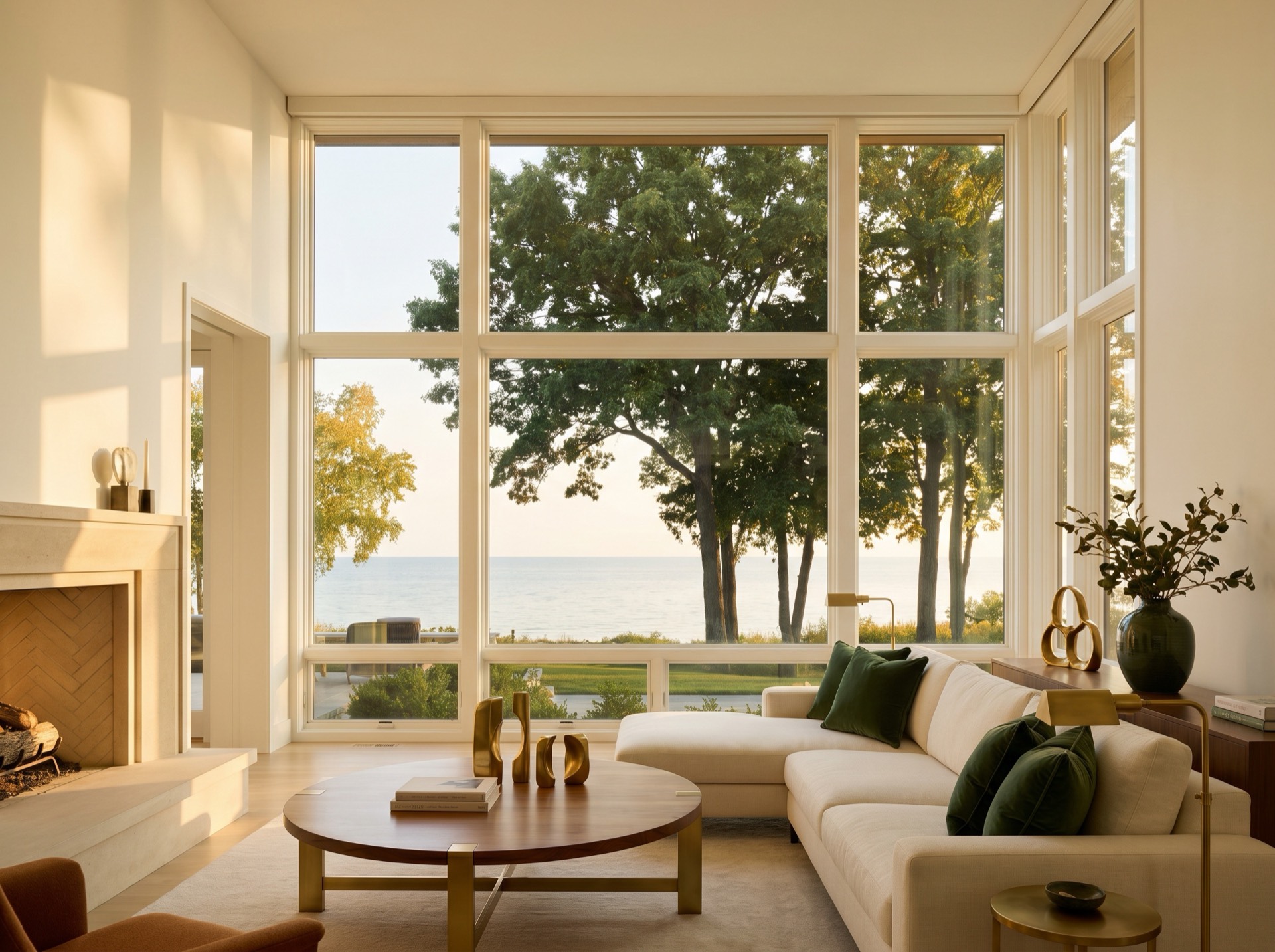 Sunlit living room with a wall of windows framing a lake view, brass and forest-green accents, and a fireplace