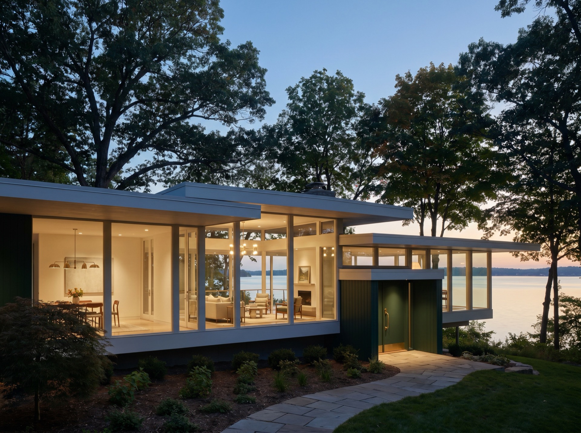 Mid-century modern lakefront home with floor-to-ceiling glass set into a wooded bluff at blue hour