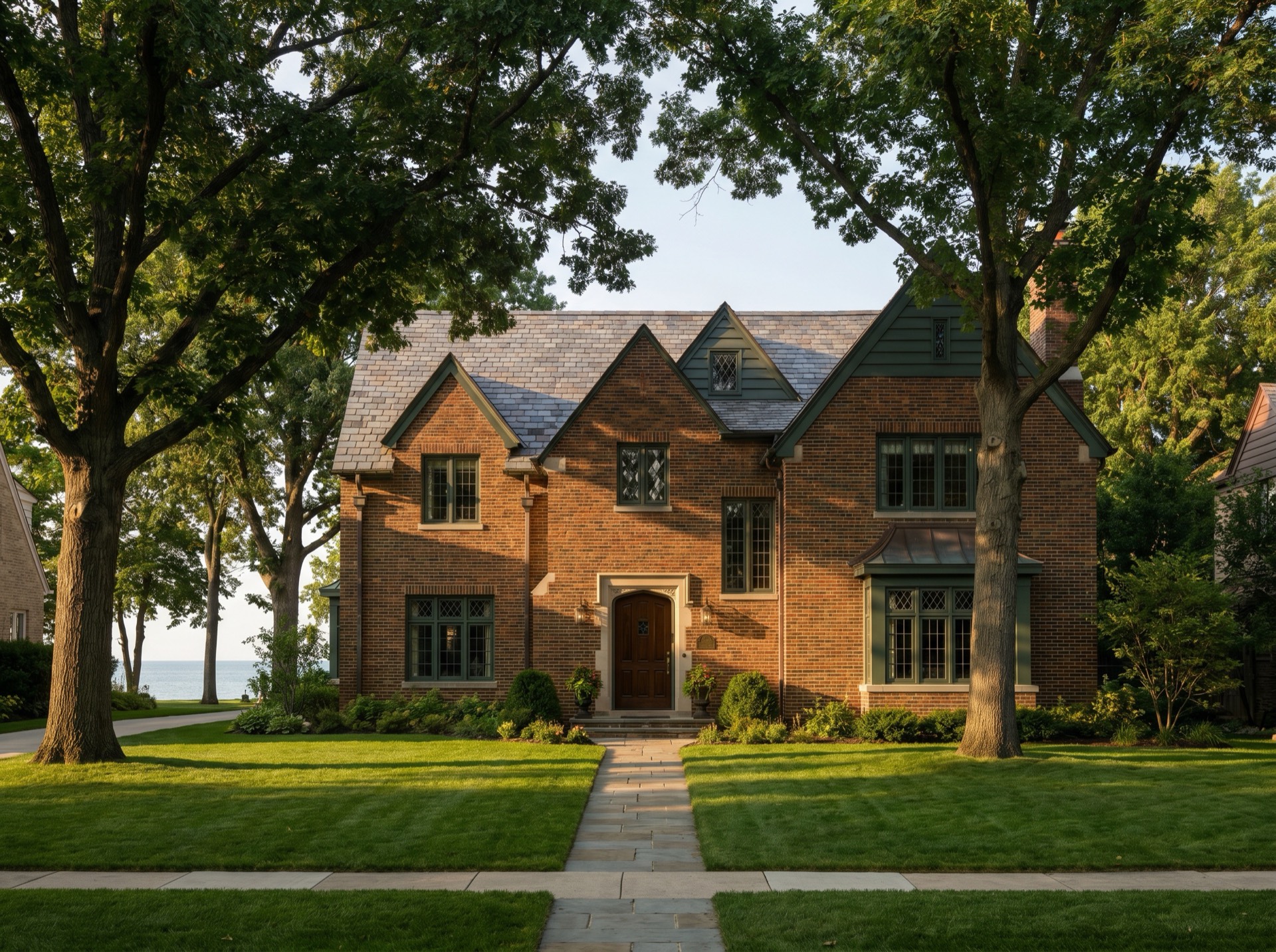 Stately brick Tudor-revival home with a slate roof under mature oaks on a Fox Point street