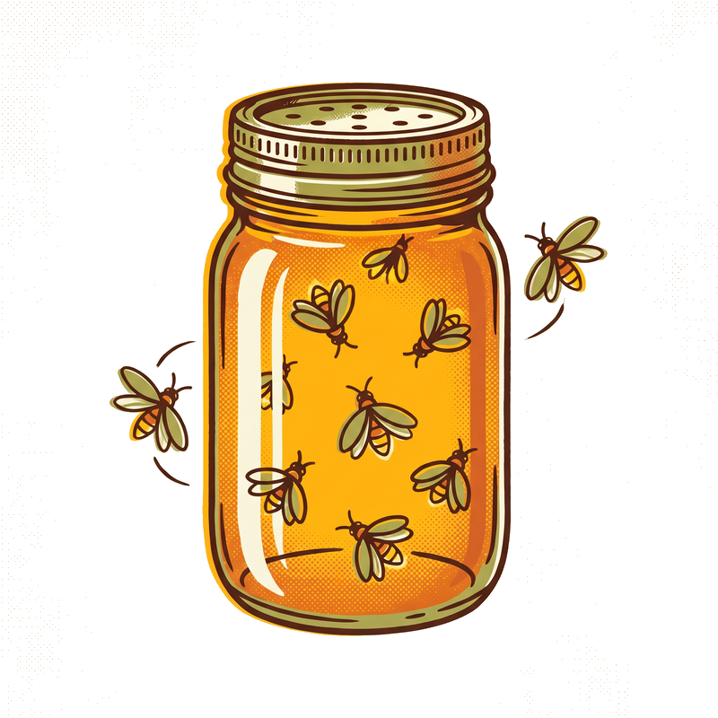 Illustrated mason-jar lantern glowing with fireflies inside