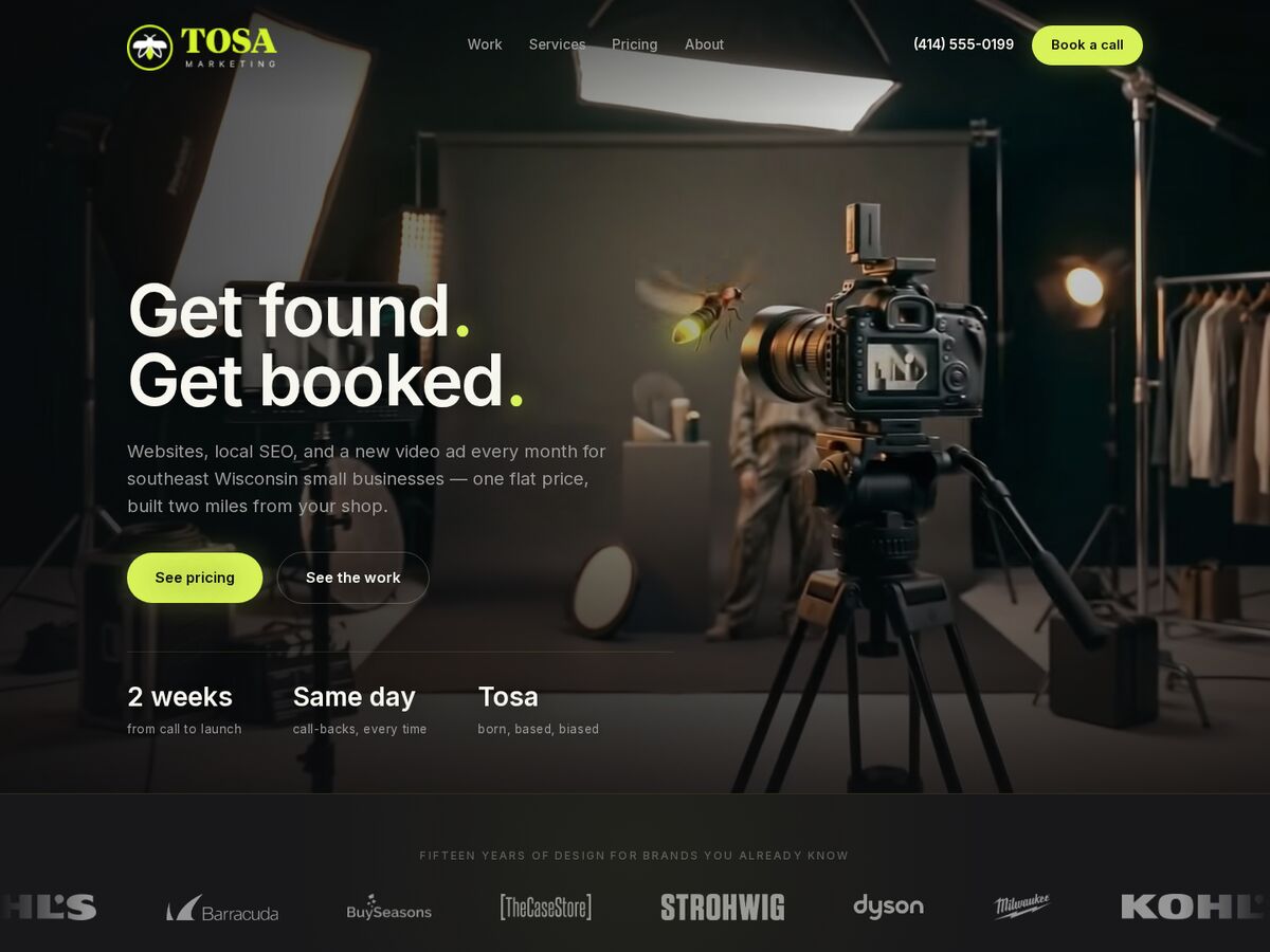 Tosa Marketing homepage hero — Get found. Get booked.