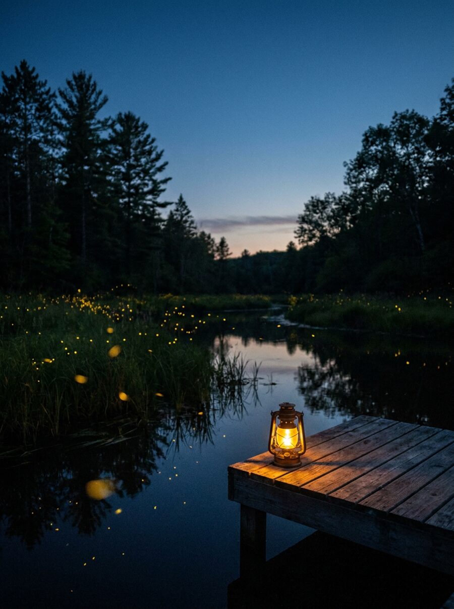 Fireflies drifting over a still river bend at dusk