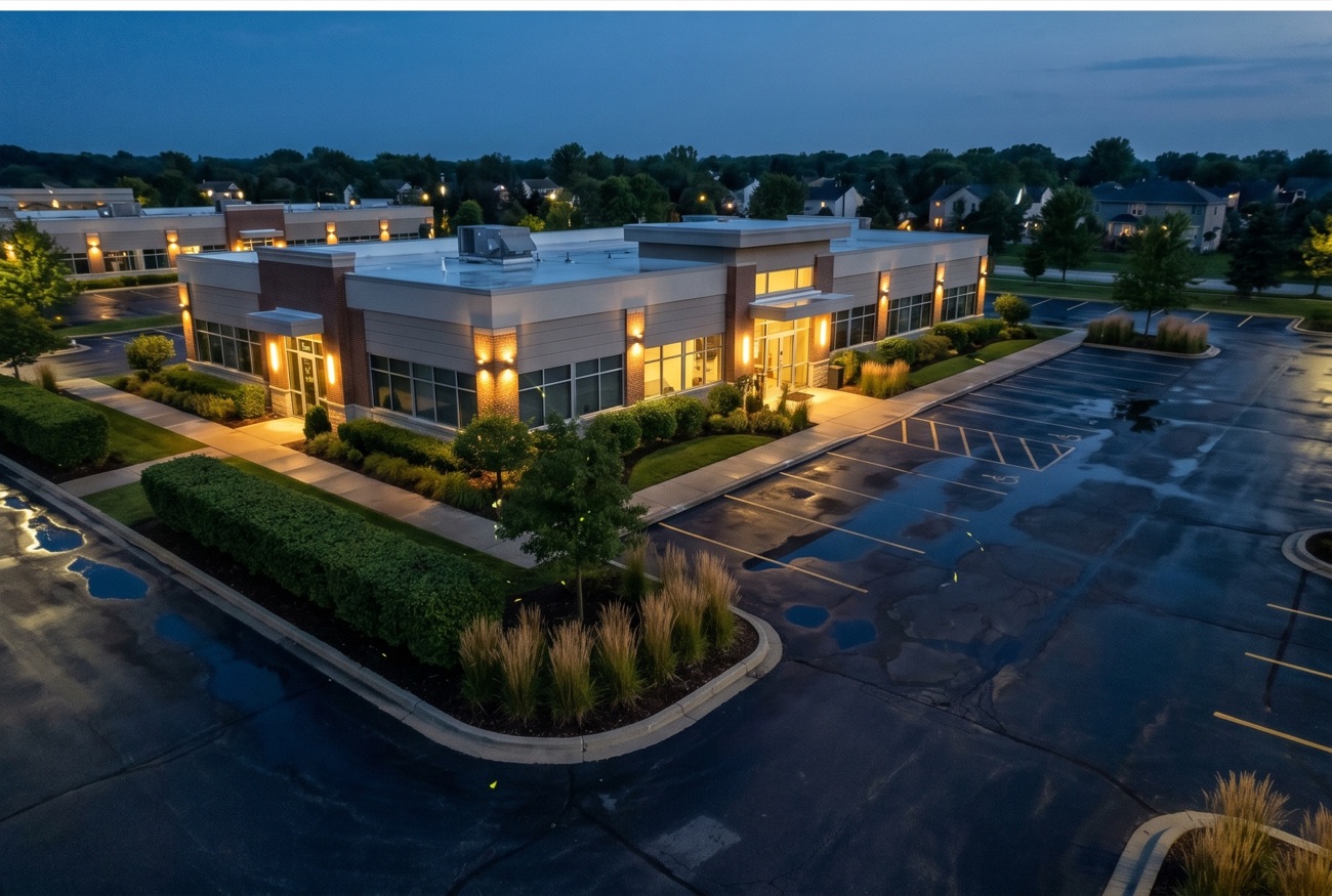 Aerial view of a commercial property at dusk