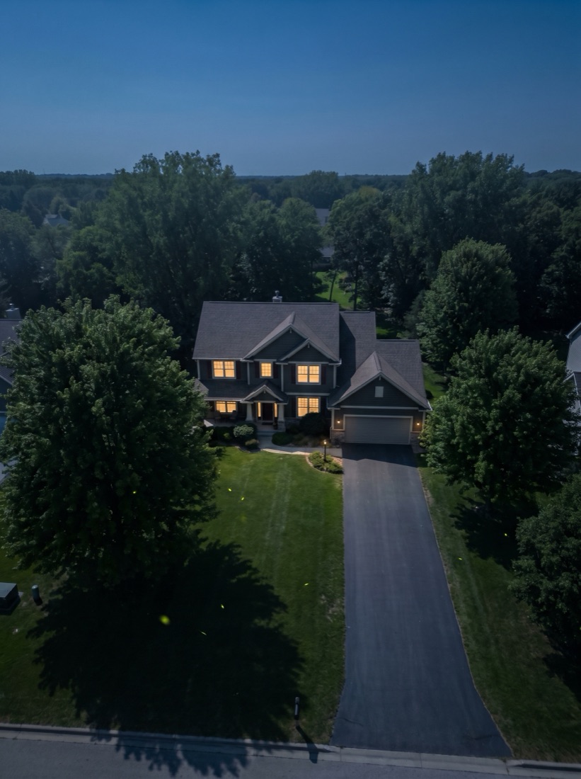 Aerial view of a Milwaukee-area home at dusk