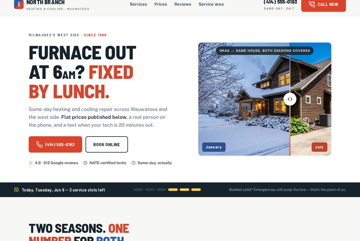 North Branch demo homepage with a drag-to-compare winter and summer house photo